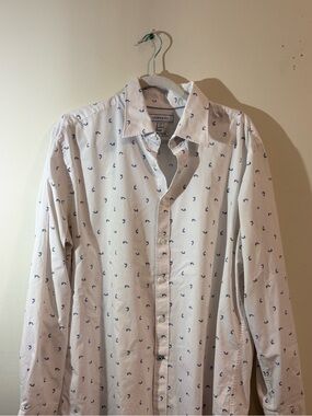 Crown &‎ Ivy button down shirt slim stretch mens XL 17 17 1/2 blue fish print